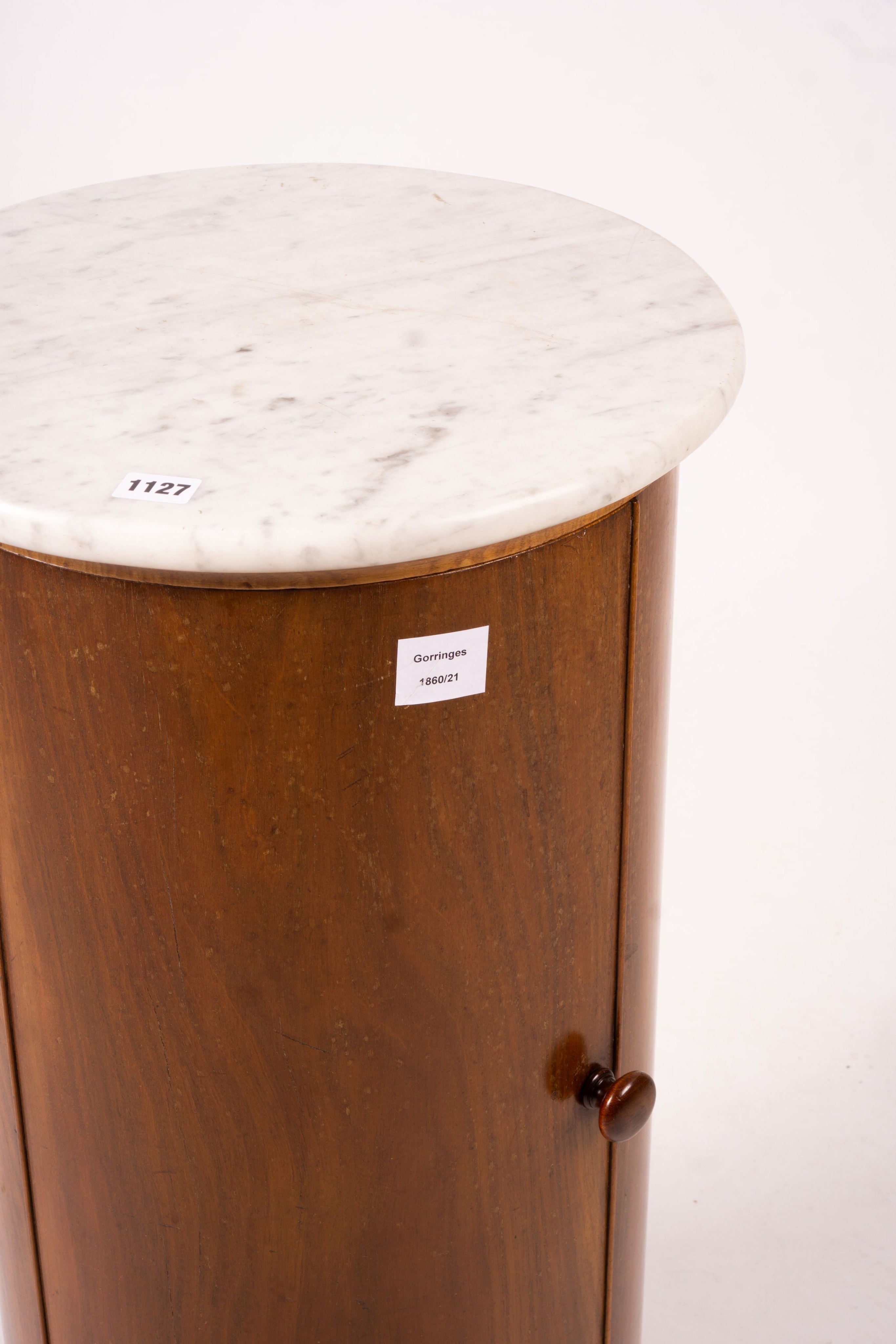 A Victorian marble top mahogany cylindrical pot cupboard, diameter 41cm, height 79cm